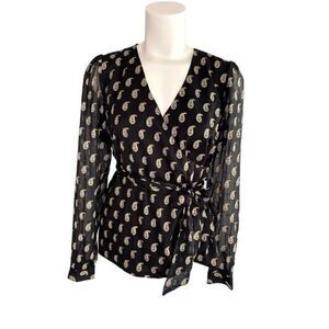 INC Surplice Blouse Top XS Black Gold Gray Paisley‎